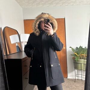 J. Crew Black Pea Coat with Faux Fur Trim